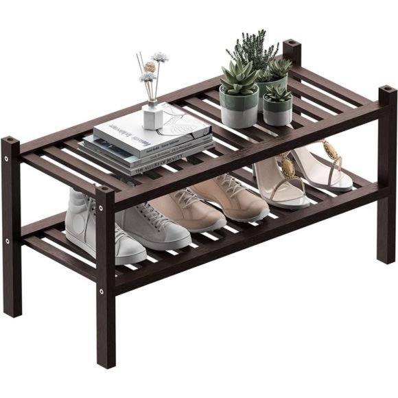ROMGUAR CRAFT 2 Tier Bamboo Shoe Rack for Closet Free Standing Wood Shoe Shelf